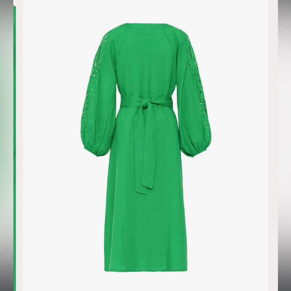 Maia bergman Linen wrap midi dress with lace applique on sleeves.